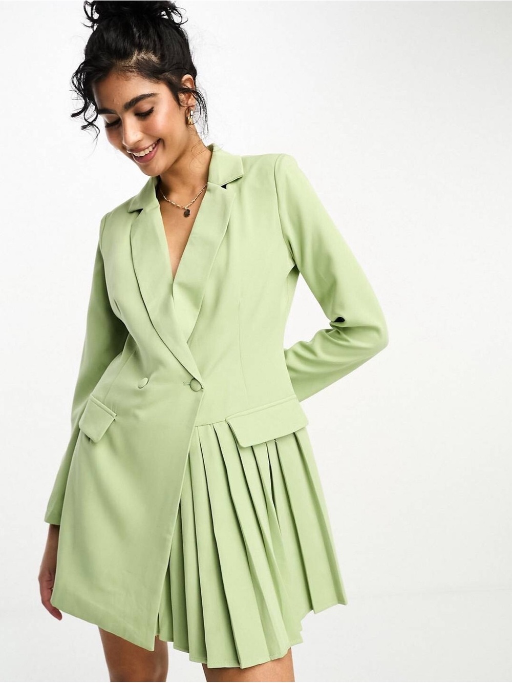 Pleated Light Green Blazer Dress - Women’s Tailored Blazer